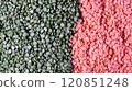 Red lentils and green split peas background 120851248