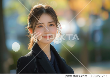 A smiling businesswoman stands out against the greenery of the city 120851255