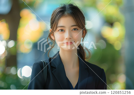 A woman in a suit smiling in natural light 120851256