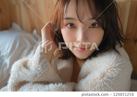 A woman with a soft atmosphere wrapped in white loungewear 120851258