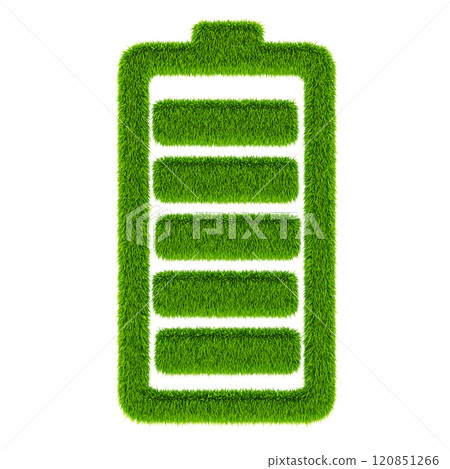 Battery from grass. Ecology, green energy concept, 3D rendering Battery from grass. Ecology, green energy concept, 3D rendering 120851266