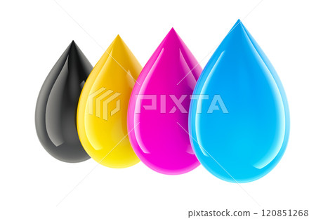 CMYK concept with colored drops. 3D rendering CMYK concept with colored drops. 3D rendering 120851268