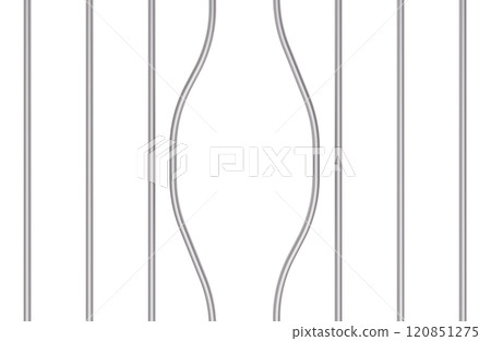 Metal prison bars bent, curved metal rods of jail cage. Prison escape or jailbreak, concept. 3D rendering 120851275