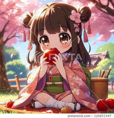 穿著和服的女孩在櫻花下欣賞櫻花 120851347