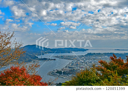 Autumn in Kesennuma City, Miyagi Prefecture: Kesennuma Bay Crossing Bridge and the cityscape as seen from Mount Aba 120851399