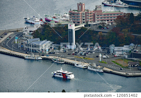 Miyagi Prefecture, Kesennuma City, Autumn, Kesennuma Port overlooked from Mount Aba, Bay Cruise Ship 120851402