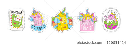 Cute Dinosaur and Unicorn Sticker and Patches Vector Set Cute Dinosaur and Unicorn Sticker and Patches Vector Set 120851414