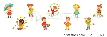 Children in Autumn Enjoy Warm Season Vector Set 120851421