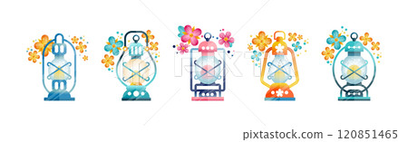 Bright Lantern and Lamp with Hoop and Floral Element Vector Set 120851465