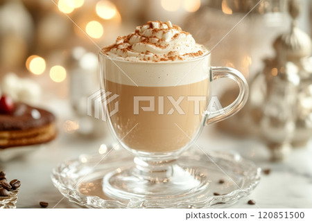 Close-up of coffee with whipped cream topped of coffee powder on the table in graceful transparent glass cup, elegant, exquisite serving of drink in restaurant or cafe on holiday 120851500