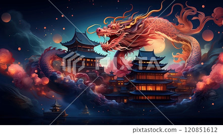 Fantasy image of Asian landscape, skyline with moon and mystery flying dragon. 120851612