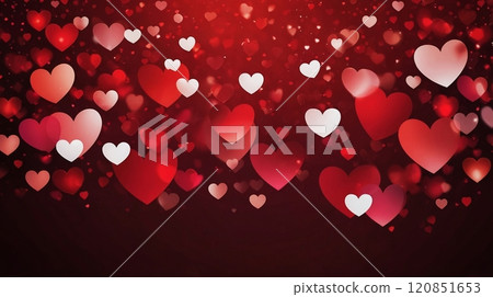 Romantic pattern of red and white hearts on a blurred red background, symbolizing love and passion, perfect for Valentine's Day 120851653