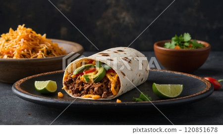 A hearty burrito featuring succulent, seasoned meat, fresh tomatoes, lettuce, and melted cheese wrapped in a warm tortilla rests on a dark surface, showcasing its vibrant ingredients 120851678