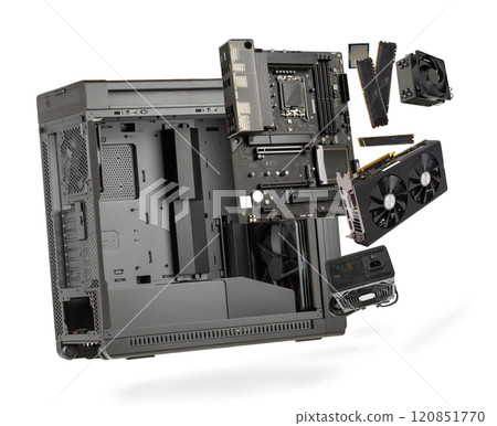 Main components of computer isolated on white background. Big case, motherboard, CPU, memory, cooler, SSD, graphics card, power supply unit. Main components of computer isolated on white background. Big case, motherboard, CPU, memory, cooler, SSD, graphics card, power supply unit. 120851770