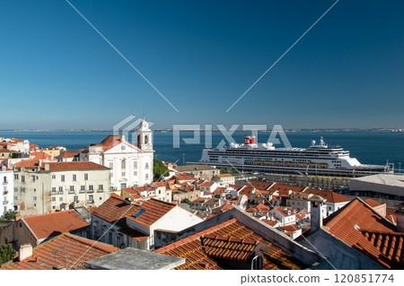 a huge cruise ships is in the port, European historical buildings, cozy cityscape, Portuguese streets landscape, view of city a huge cruise ships is in the port, European historical buildings, cozy cityscape, Portuguese streets landscape, view of city 120851774