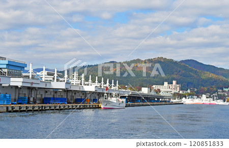 宮城縣、氣仙沼市、氣仙沼魚市場以及從遊船上看到秋葉的安波山 120851833