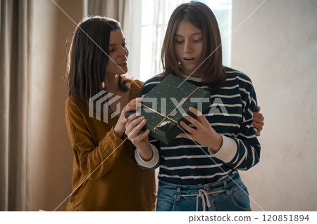 Two happy girls celebrate holiday, making nice gifts. Two happy girls celebrate holiday, making nice gifts. 120851894