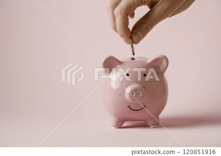 Hand puts a coin in a piggy bank. 120851916