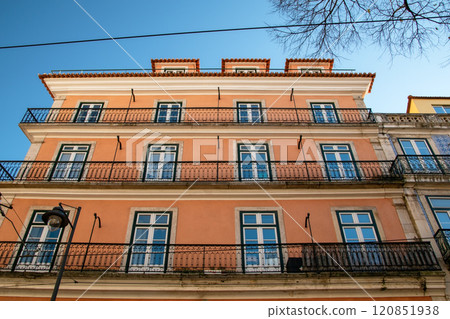 Lisbon, Portugal, facade of colorful old houses with windows, European historical buildings, cozy cityscape, Portuguese streets landscape 120851938