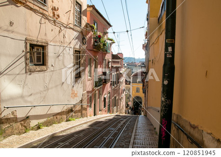 Lisbon, Portugal, facade of colorful old houses with windows, European historical buildings, cozy cityscape, Portuguese streets landscape 120851945