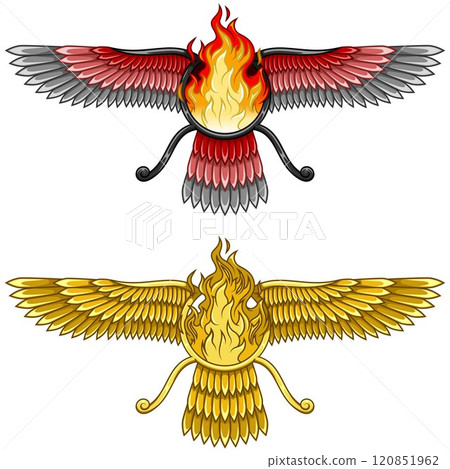 Zoroastrian winged solar disk with fire 120851962