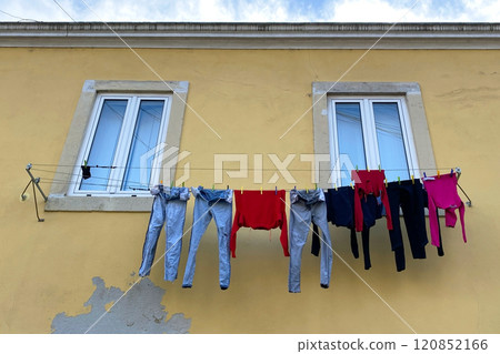 Lisbon, Portugal, facade of colorful old houses with windows, European historical buildings, cozy cityscape, Portuguese streets landscape Lisbon, Portugal, facade of colorful old houses with windows, European historical buildings, cozy cityscape, Portuguese streets landscape 120852166