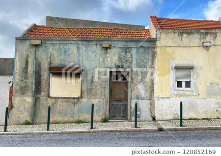 Lisbon, Portugal, facade of colorful old houses with windows, European historical buildings, cozy cityscape, Portuguese streets landscape 120852169