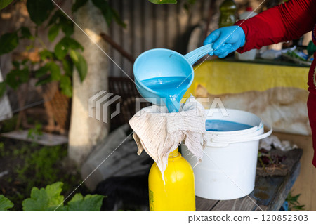 Using gauze in the garden, a woman strains fertilizer and pours it into a spray bottle. The gardener prepares a solution of minerals and fertilizers for treating plants. Using gauze in the garden, a woman strains fertilizer and pours it into a spray bottle. The gardener prepares a solution of minerals and fertilizers for treating plants. 120852303