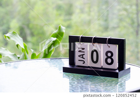 8 January calendar table with blurred nature background. With customizable space for text or ideas 120852452