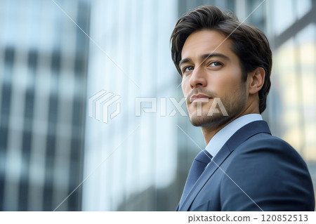 Portrait of a male businessman in his 30s with a confident expression with an office building in the background 120852513