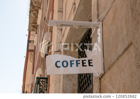 Broken " coffee " sign on the wall of a historic building in Lisbon, Portugal Broken " coffee " sign on the wall of a historic building in Lisbon, Portugal 120852682