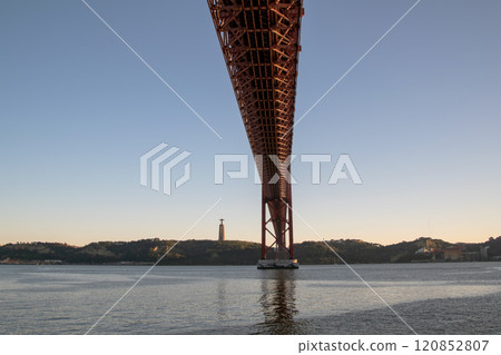 Lisbon, Portugal, Ponte 25 de Abril Bridge metal structure, modern architecture 120852807