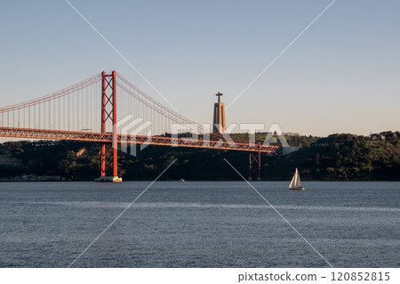 Lisbon, Portugal, Ponte 25 de Abril Bridge metal structure, modern architecture 120852815