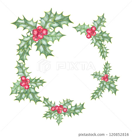 An asymmetrical holly wreath watercolor illustration showcasing green leaves, and red winter berries. Ilex round frame clipart for Christmas. Use in design, scrapbooking, or festive fabric patterns 120852816