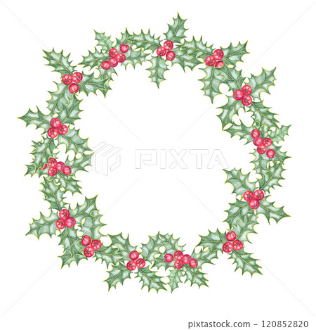 Holly wreath with lush green leaves and bright red winter berries. Ilex round frame watercolor clipart. Perfect for Christmas-themed designs, holiday cards, wrapping paper, and festive merchandise 120852820