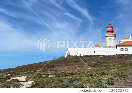 Beautiful old lighthouse against blue sky, Cape Da Roca, Cabo da Roca, Portugal Beautiful old lighthouse against blue sky, Cape Da Roca, Cabo da Roca, Portugal 120852852