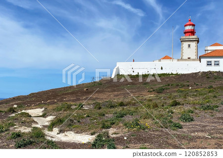 Beautiful old lighthouse against blue sky, Cape Da Roca, Cabo da Roca, Portugal Beautiful old lighthouse against blue sky, Cape Da Roca, Cabo da Roca, Portugal 120852853