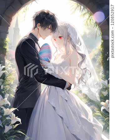 一對新人在長滿百合花的花園裡舉行婚禮。一個白化病女孩和一個藍眼睛年輕人之間的婚禮。日本動漫風格AI插畫 一對新人在長滿百合花的花園裡舉行婚禮。一個白化病女孩和一個藍眼睛年輕人之間的婚禮。日本動漫風格AI插畫 120852917