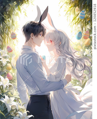 A couple wearing rabbit ears. Easter with an albino girl and a blue-eyed young man. AI illustration in the style of Japanese anime 120852918