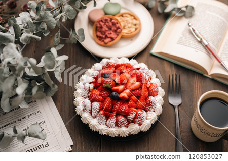 Cute strawberry cake and coffee Cute strawberry cake and coffee 120853027