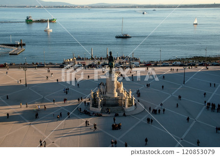 Lisbon, Portugal, top view of people on the main square of the city, European historical buildings, cozy cityscape, Portuguese streets 120853079