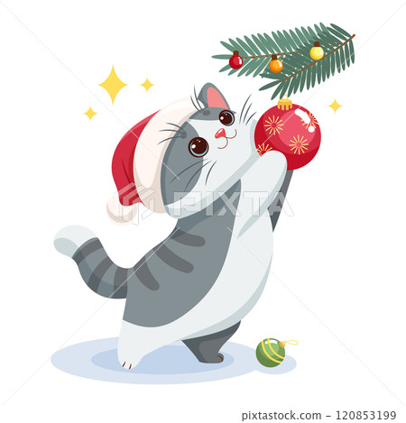 Vector illustration of a cute cartoon grey cat in a Santa hat decorating Christmas tree with a red Christmas tree ball Vector illustration of a cute cartoon grey cat in a Santa hat decorating Christmas tree with a red Christmas tree ball 120853199