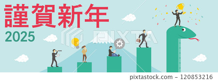 New Year's card of the year 2025 with a snake and a graph of a working person_female leader_Happy New Year_horizontal New Year's card of the year 2025 with a snake and a graph of a working person_female leader_Happy New Year_horizontal 120853216