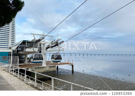 cableway in Expo Park, Telecabine Lisboa in Park of Nations, cable way above the Tagus river 120853260