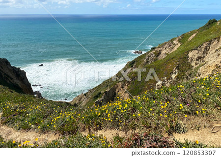 Panorama of the ocean coast and rock bay, Atlantic Ocean, beautiful cloudscape, dramatic landscape, colorful seascape with sheer rocks, travel content, Lisbon, Portugal Panorama of the ocean coast and rock bay, Atlantic Ocean, beautiful cloudscape, dramatic landscape, colorful seascape with sheer rocks, travel content, Lisbon, Portugal 120853307