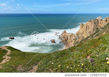 Panorama of the ocean coast and rock bay, Atlantic Ocean, beautiful cloudscape, dramatic landscape, colorful seascape with sheer rocks, travel content, Lisbon, Portugal Panorama of the ocean coast and rock bay, Atlantic Ocean, beautiful cloudscape, dramatic landscape, colorful seascape with sheer rocks, travel content, Lisbon, Portugal 120853319