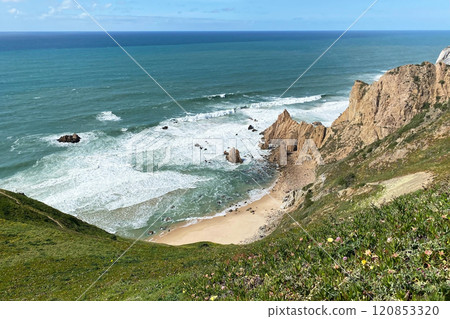 Panorama of the ocean coast and rock bay, Atlantic Ocean, beautiful cloudscape, dramatic landscape, colorful seascape with sheer rocks, travel content, Lisbon, Portugal 120853320