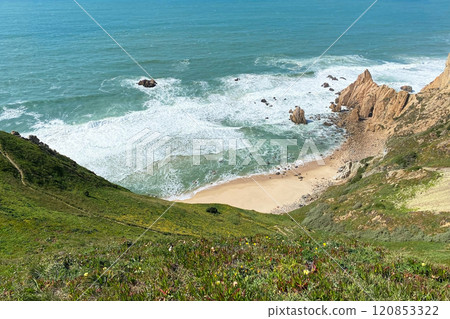 Panorama of the ocean coast and rock bay, Atlantic Ocean, beautiful cloudscape, dramatic landscape, colorful seascape with sheer rocks, travel content, Lisbon, Portugal Panorama of the ocean coast and rock bay, Atlantic Ocean, beautiful cloudscape, dramatic landscape, colorful seascape with sheer rocks, travel content, Lisbon, Portugal 120853322