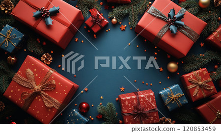 閃閃發光的背景與紅色絲帶聖誕禮物 120853459
