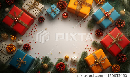 帶有金色絲帶禮盒的聖誕裝飾框 120853460